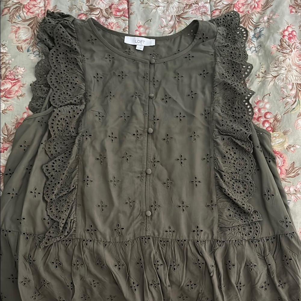 LOFT Khaki Eyelet Ruffle Blouse